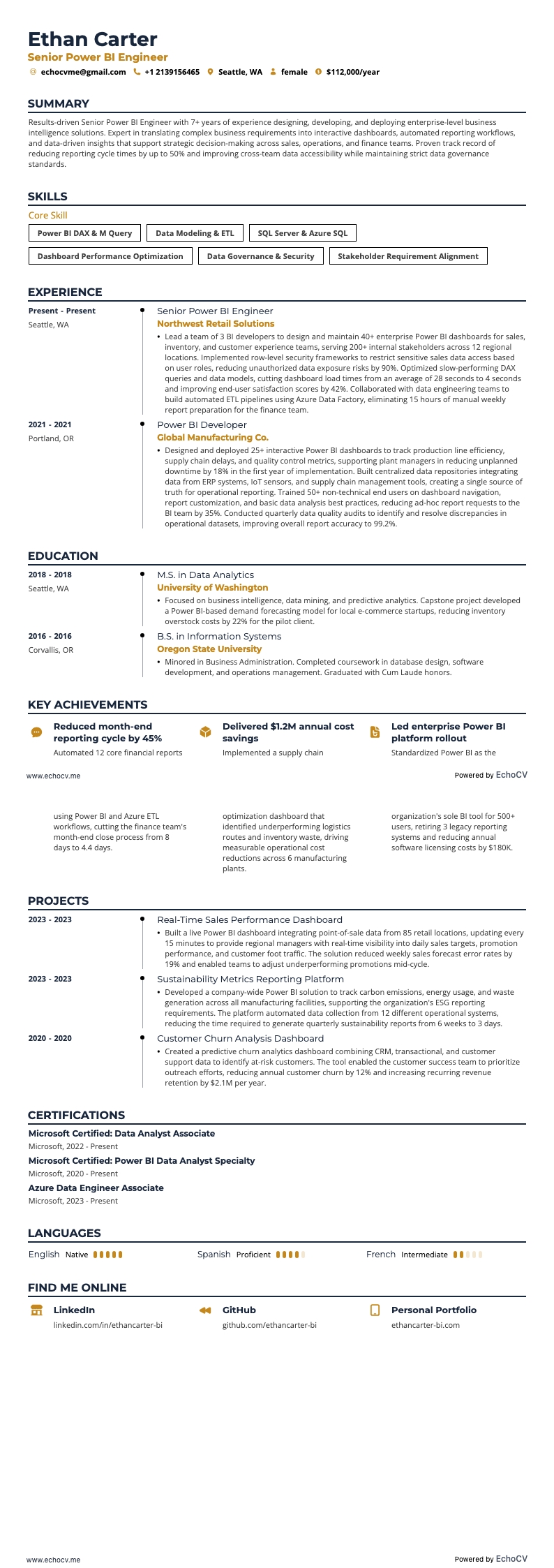 시니어 Power BI 엔지니어 example resume