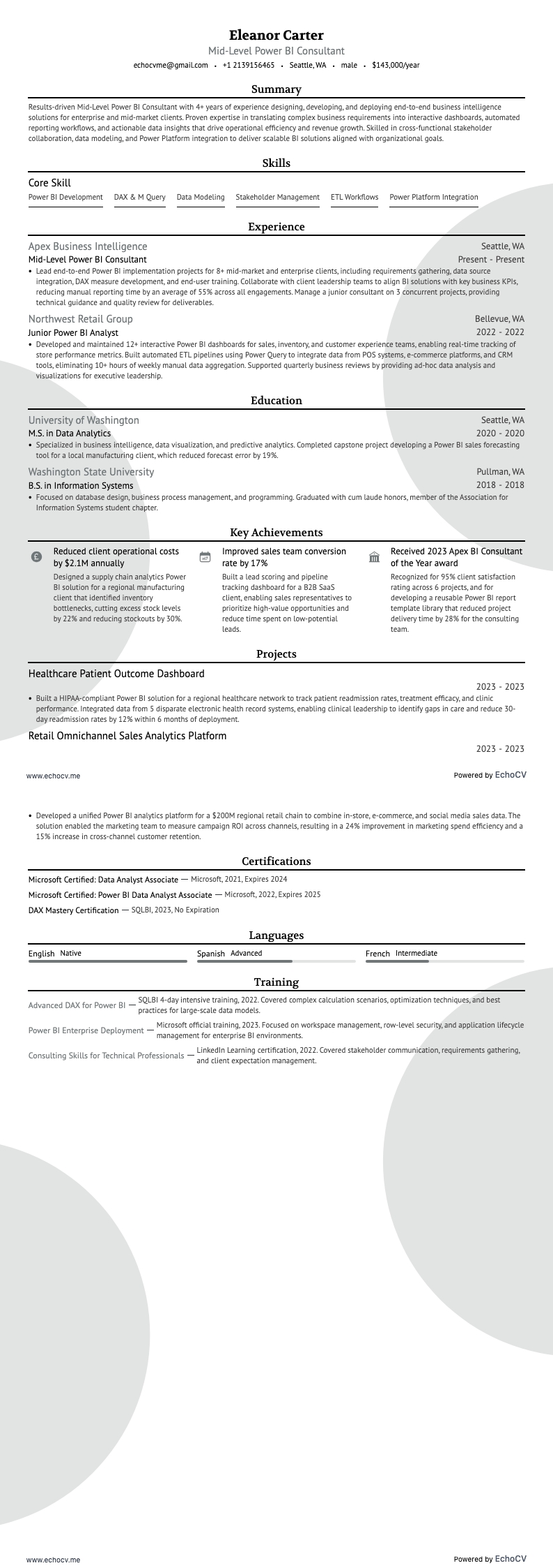 Medior Power BI-consultant resume example