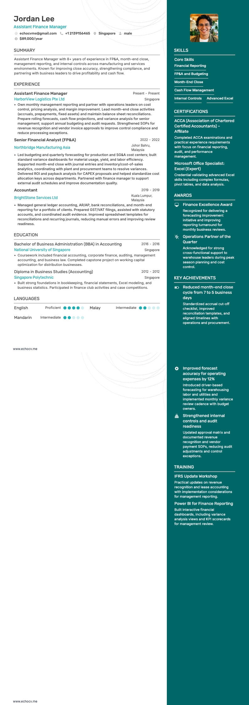 Assistant Finance Manager example resume