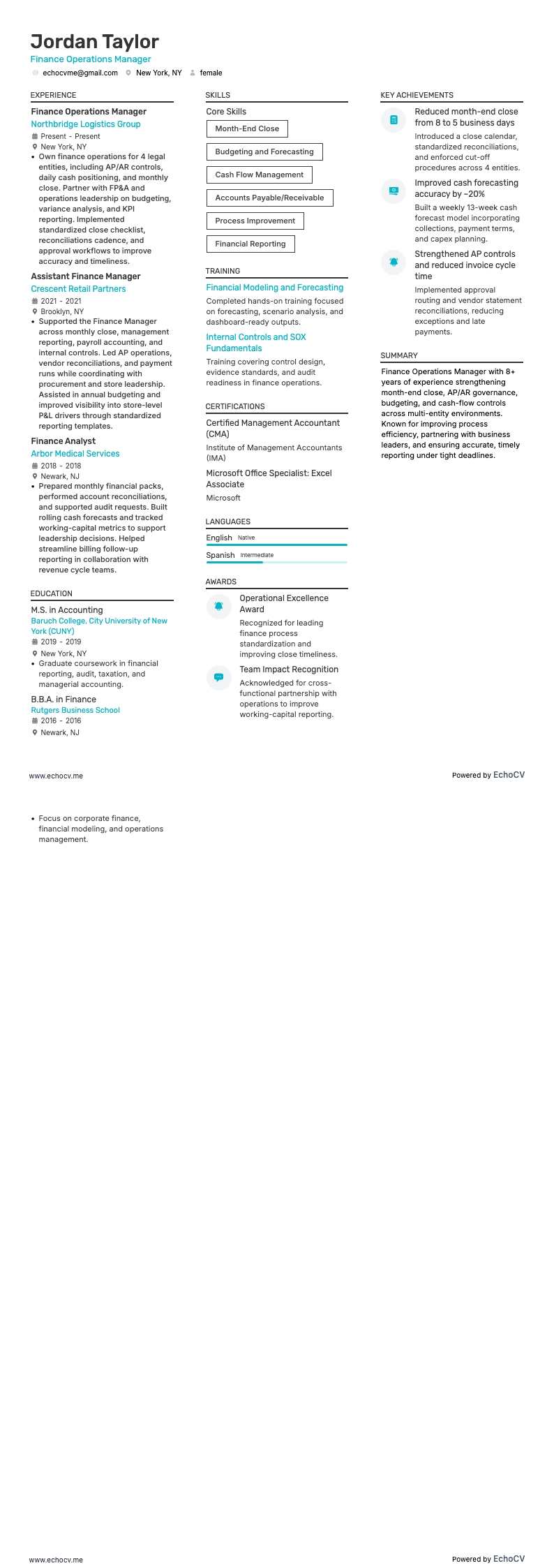 Finance Operations Manager example resume