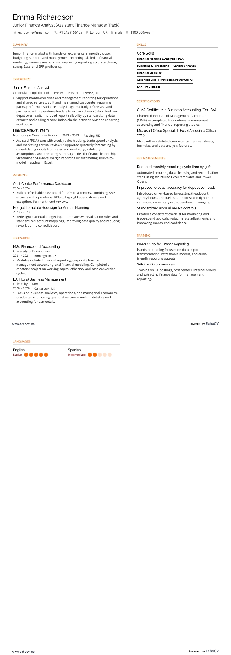 Junior Finance Analyst example resume