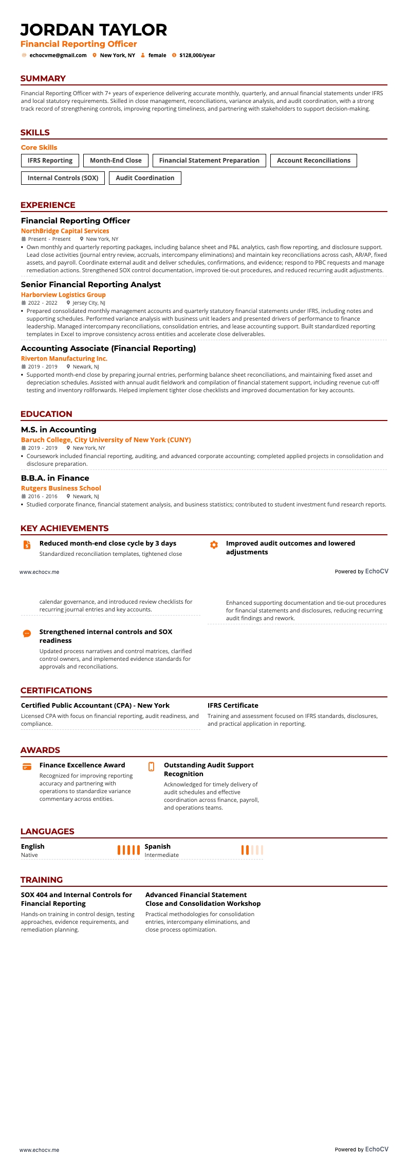Financial Reporting Officer example resume