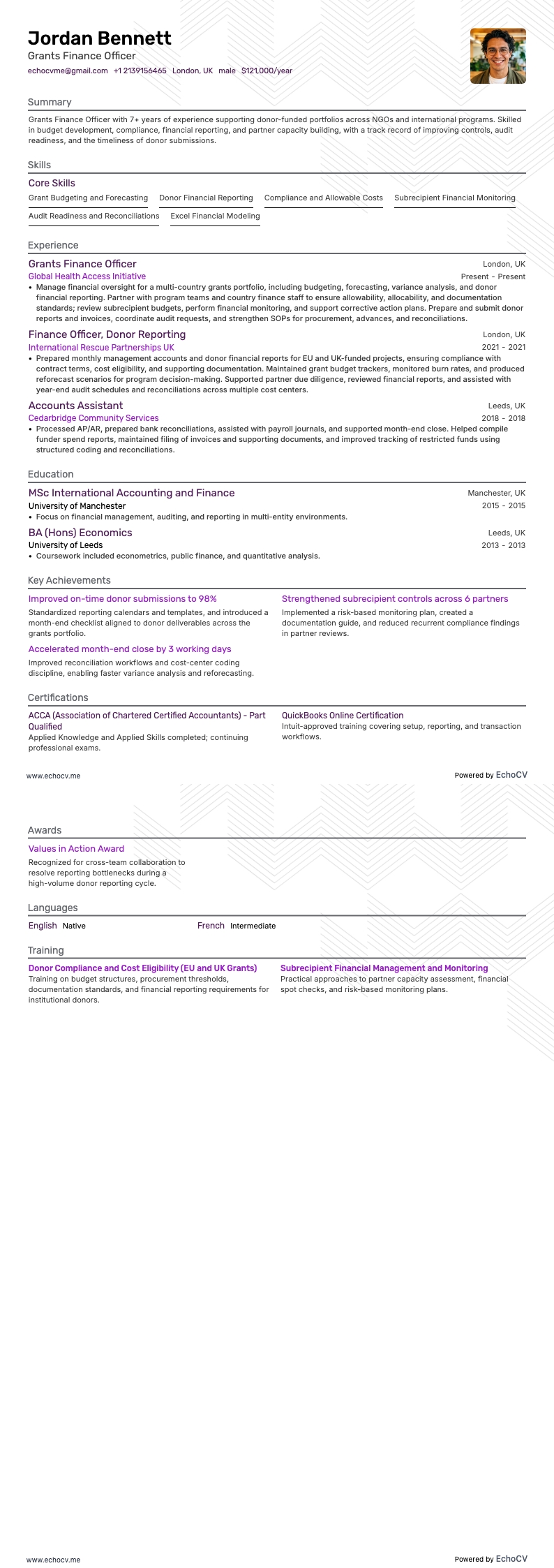 Grants Finance Officer example resume