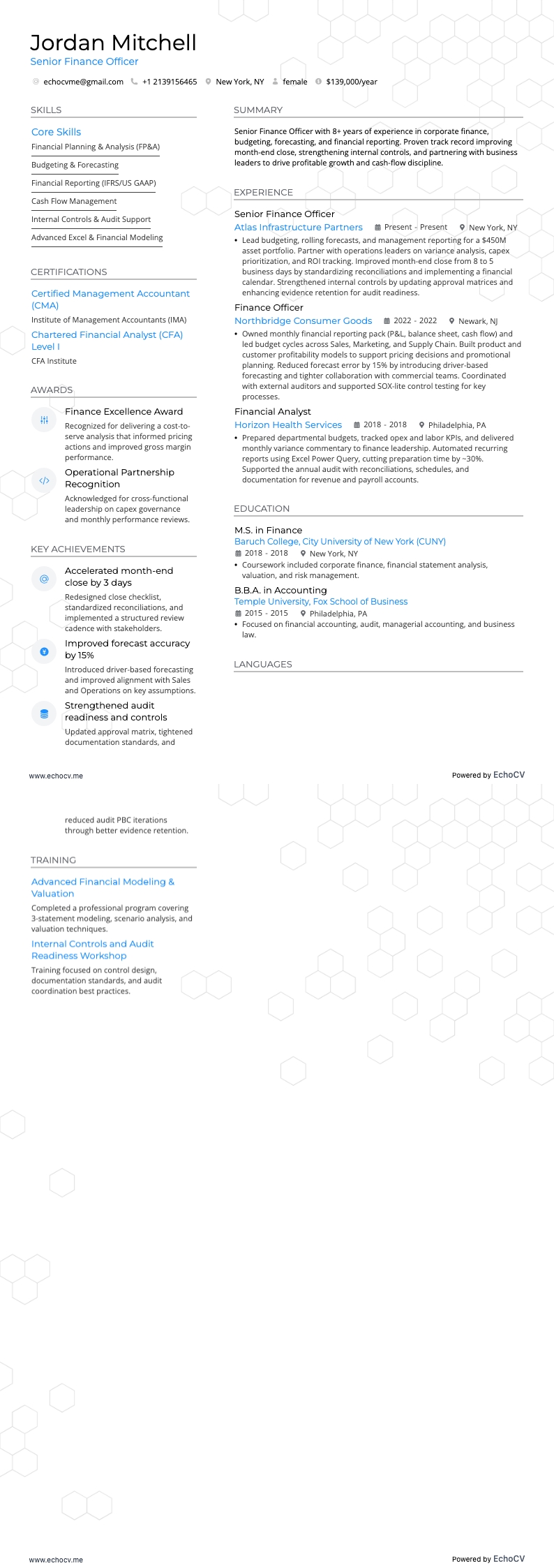 Senior Finance Officer example resume