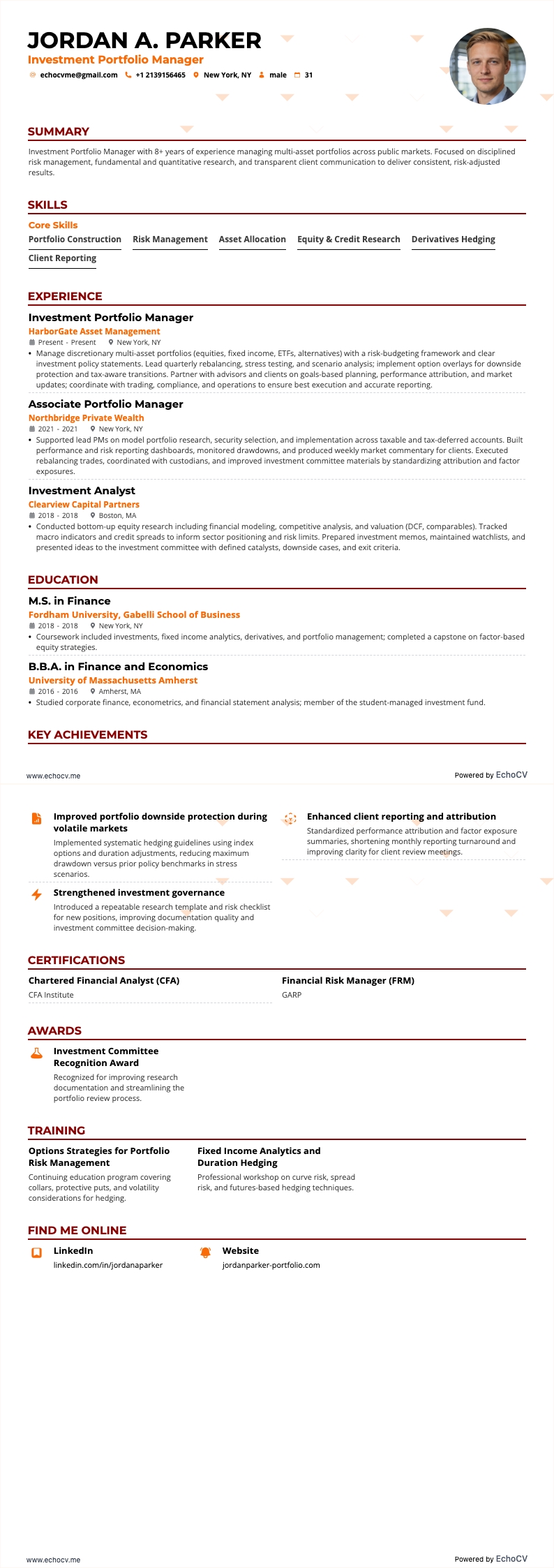 Investment Portfolio Manager example resume