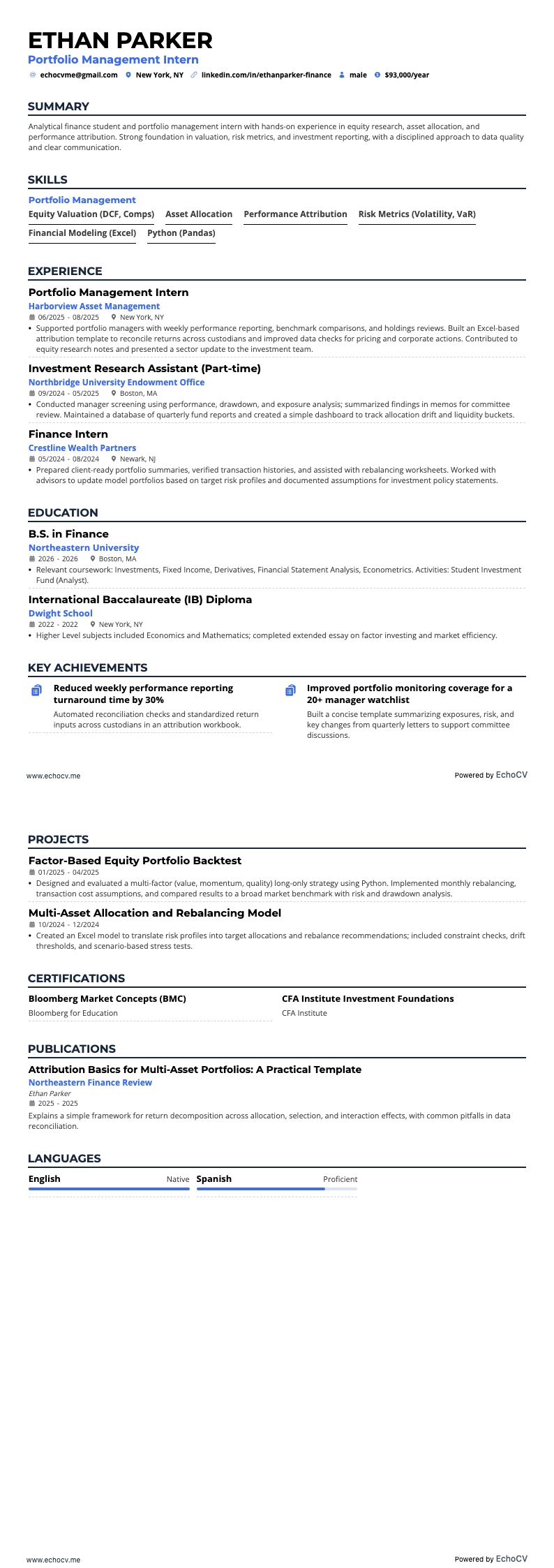 Portfolio Management Intern example resume