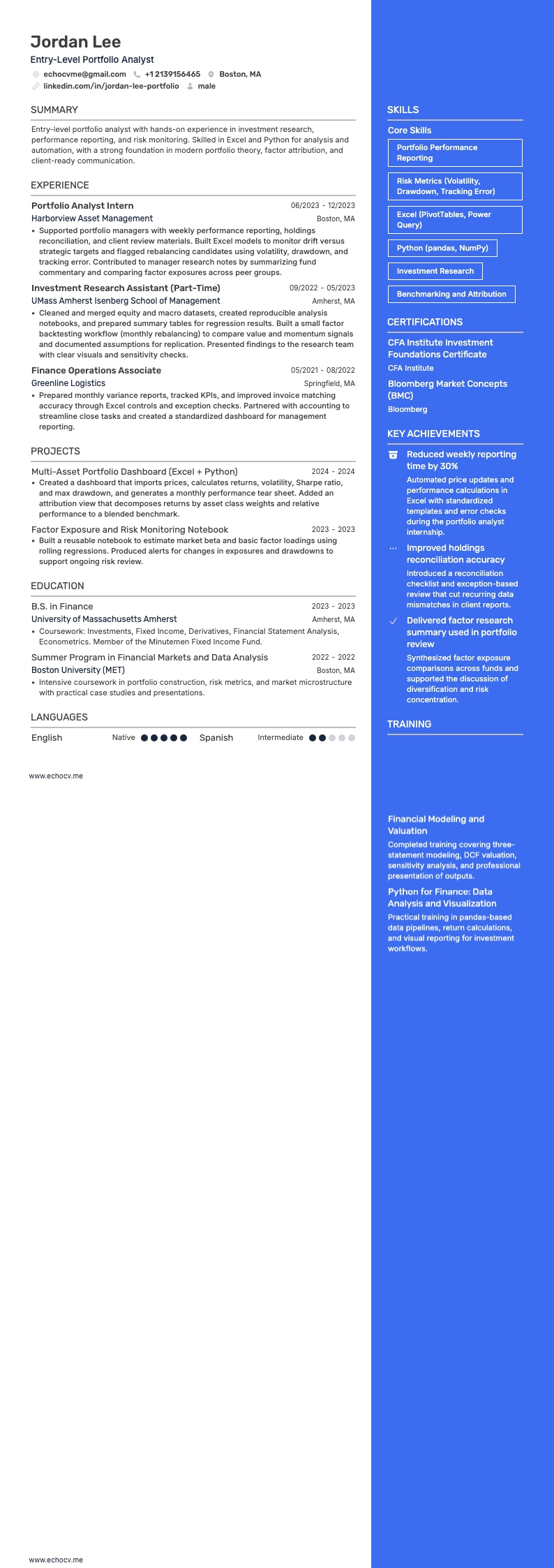 Entry-Level Portfolio Analyst example resume