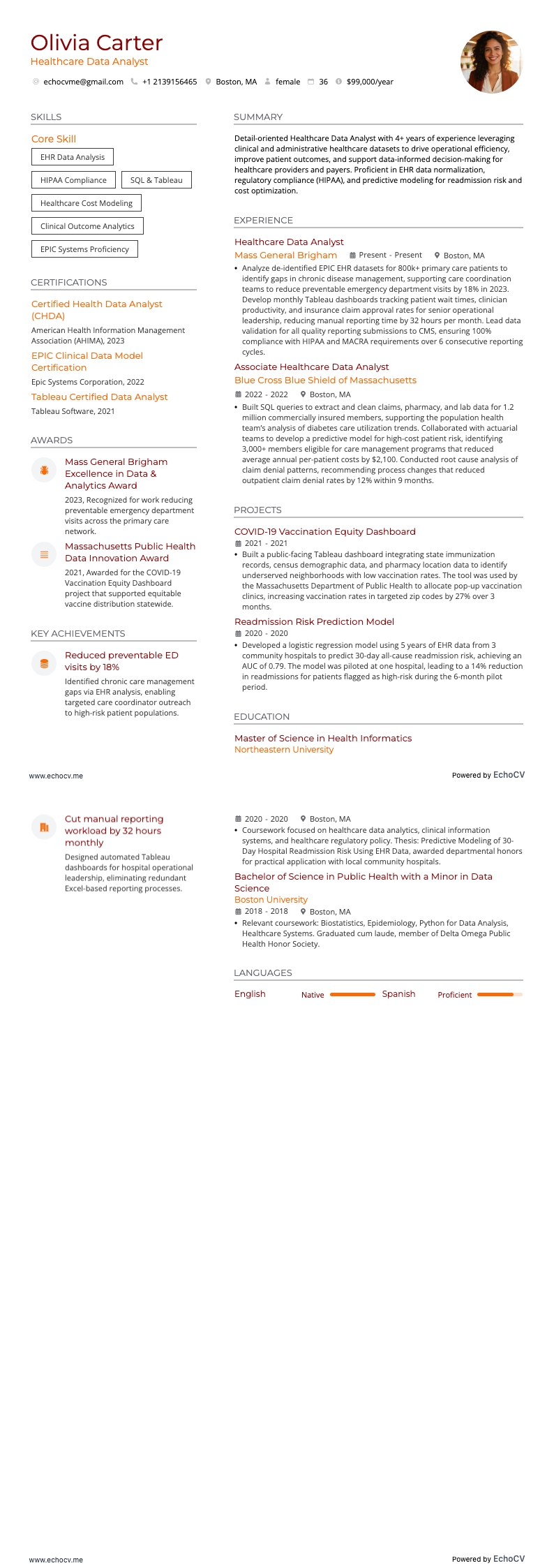 Data-analist in de gezondheidszorg example resume