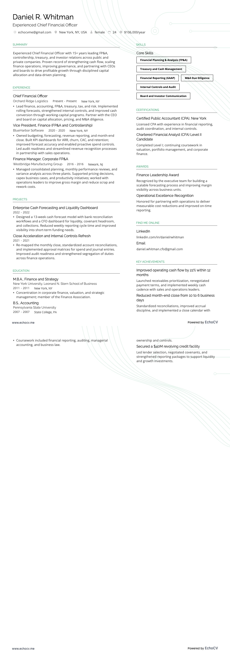 Experienced Chief Financial Officer example resume