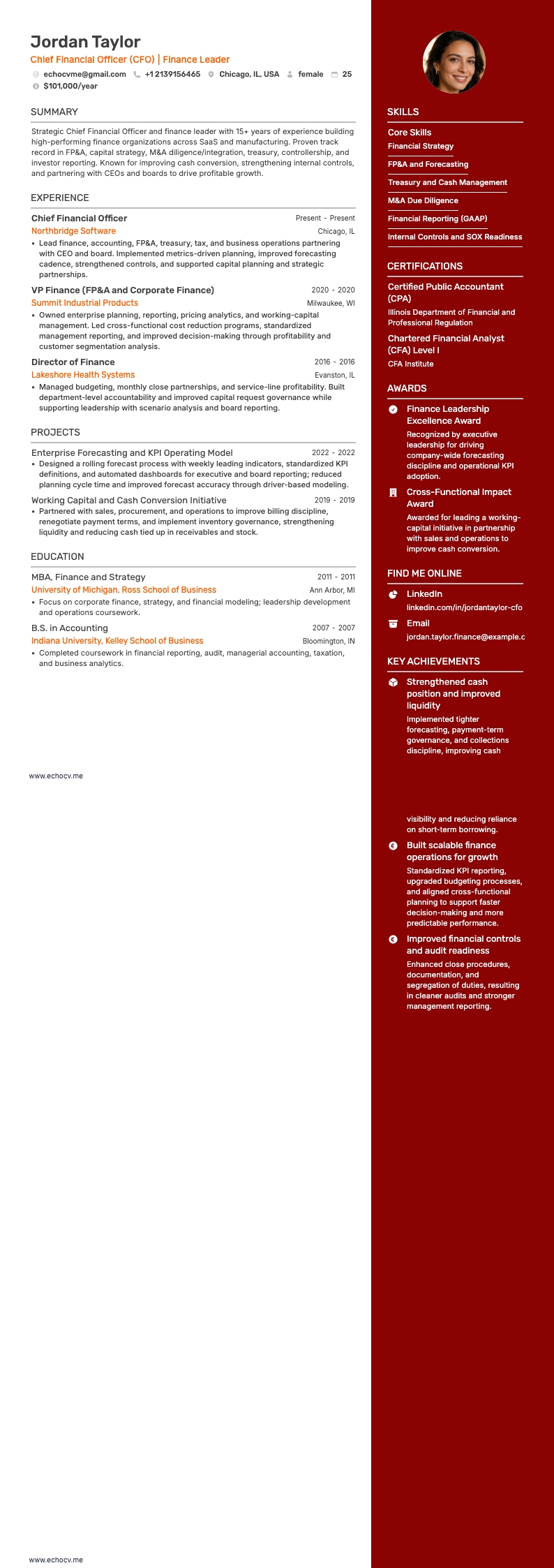 Chief Financial Officer, Finance Leader example resume