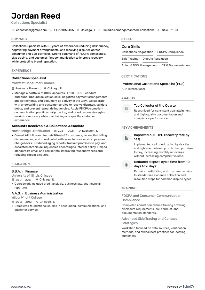 Collections Specialist example resume