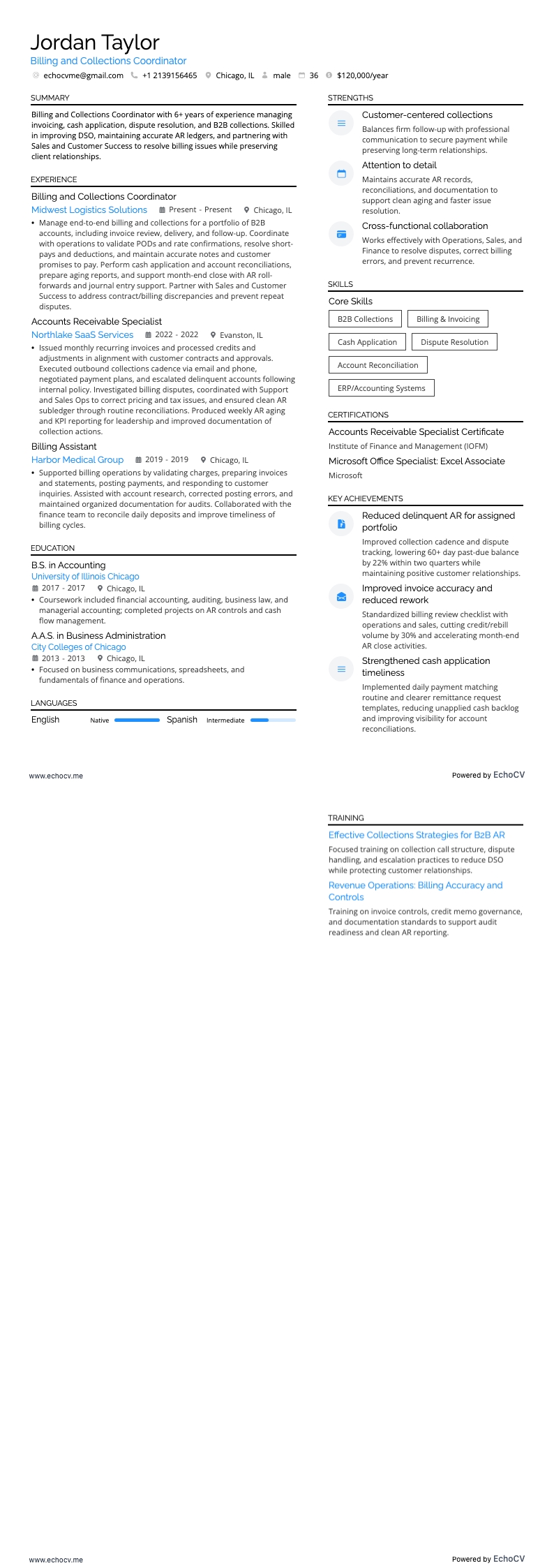 Billing and Collections Coordinator example resume