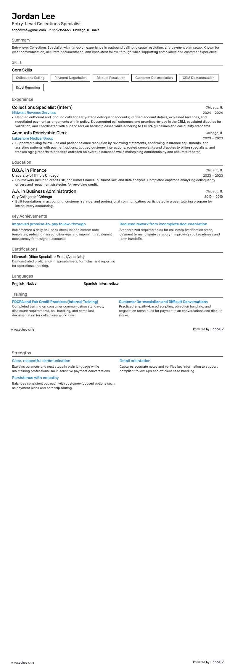 Entry-Level Collections Specialist example resume