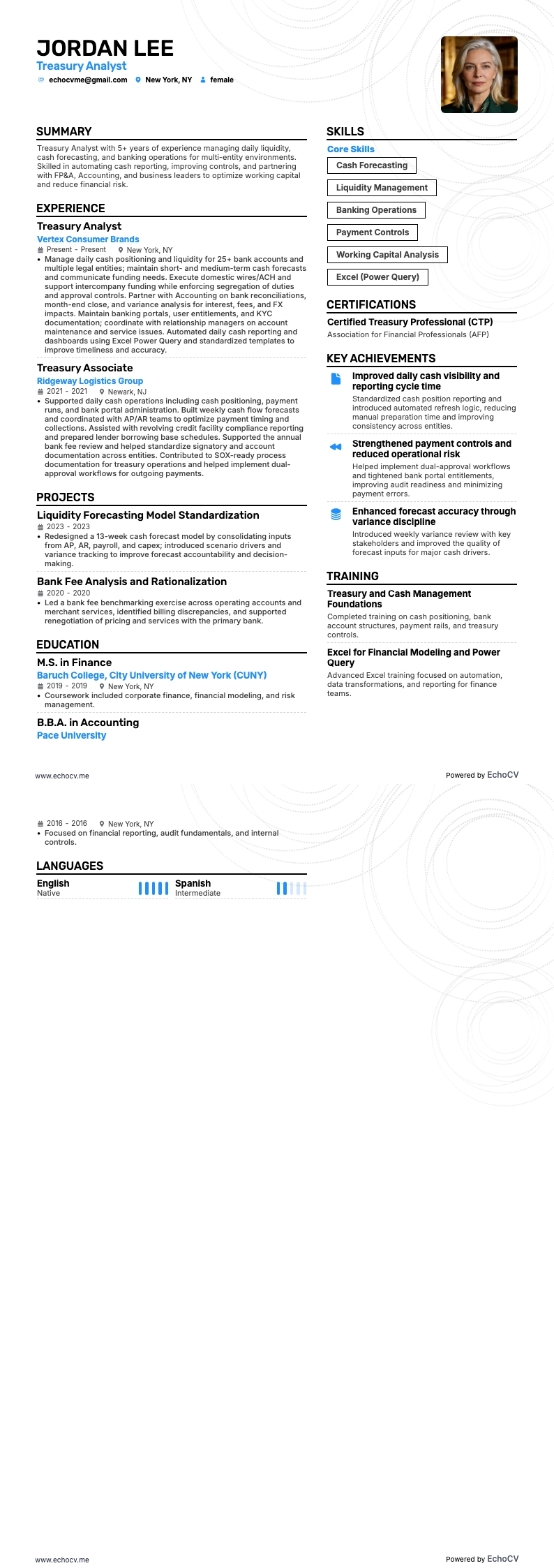 Analista di tesoreria example resume