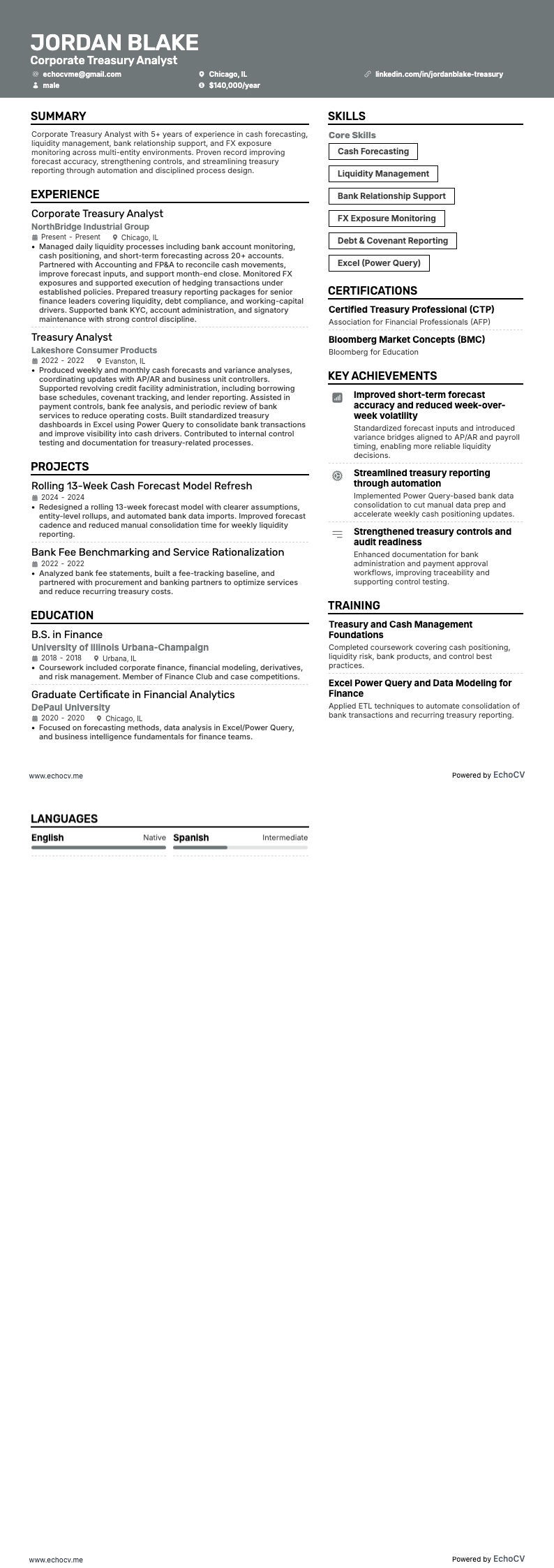 Analista di tesoreria aziendale example resume