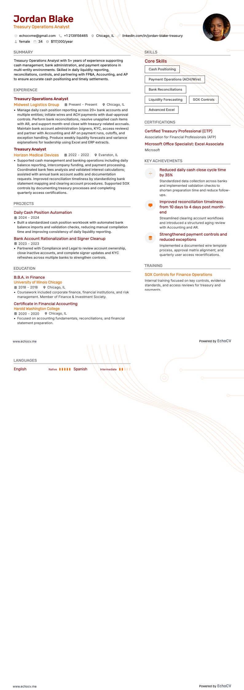 Analista delle operazioni di tesoreria resume example