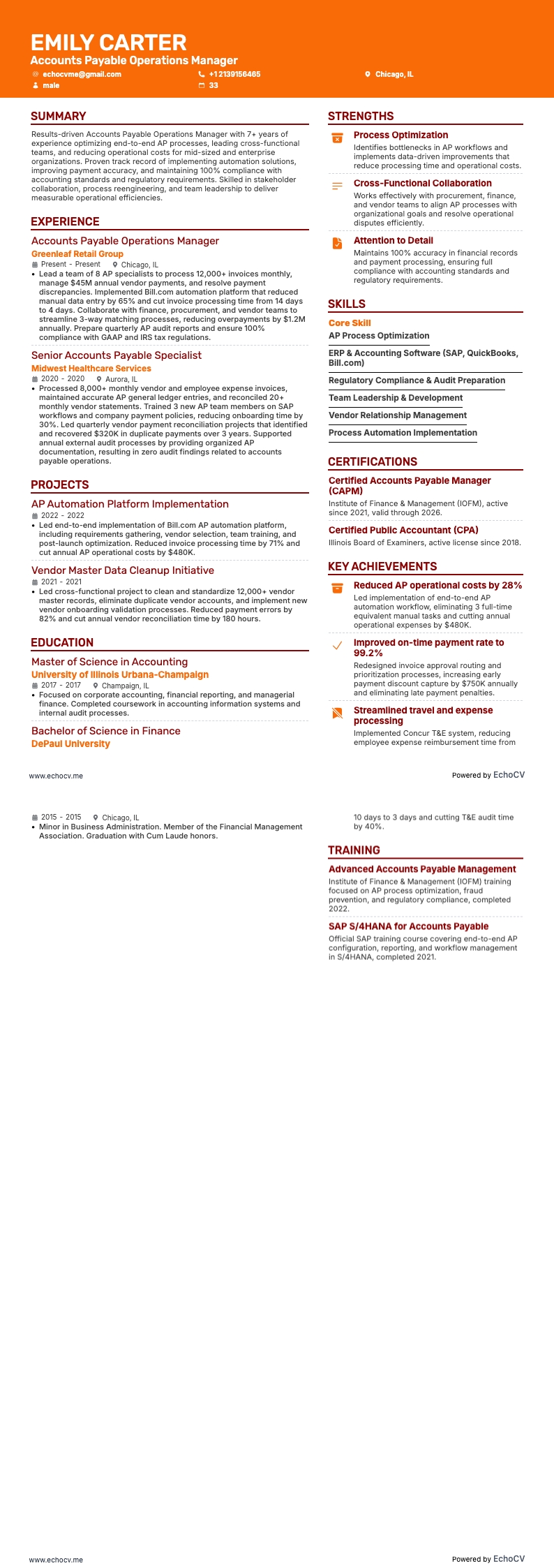 Gerente de Operações de Contas a Pagar example resume