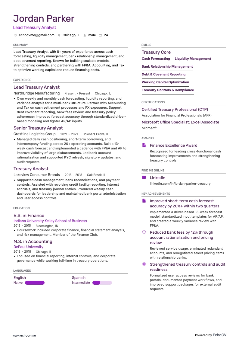 Anteprima completa di Analista senior di tesoreria