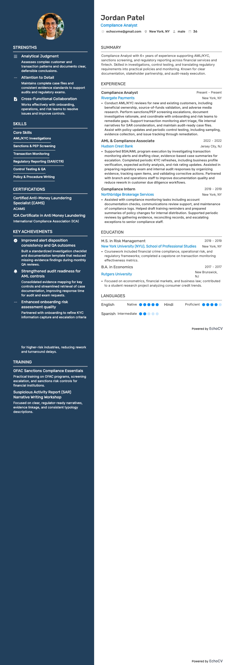 Compliance Analyst example resume