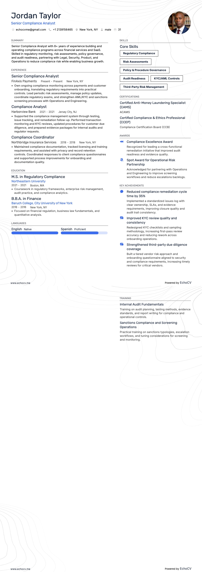 Senior Compliance Analyst example resume