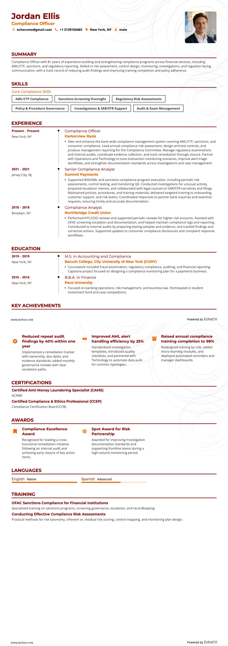 Compliance Officer example resume