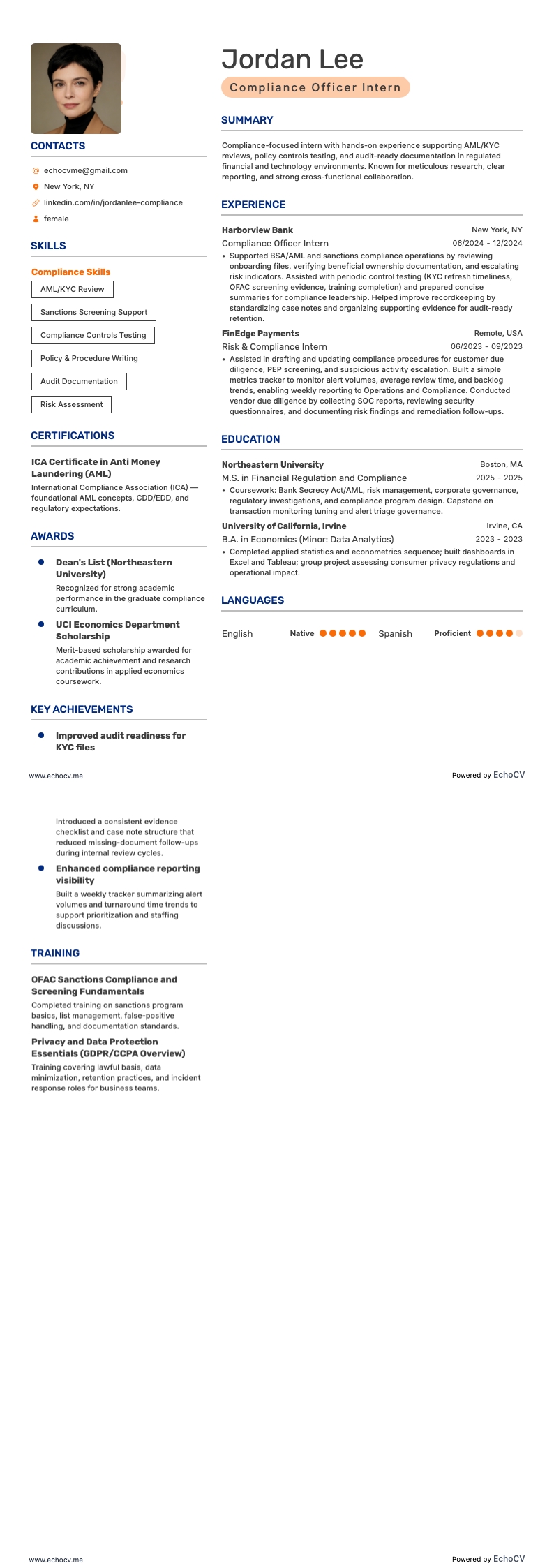 Compliance Officer Intern example resume