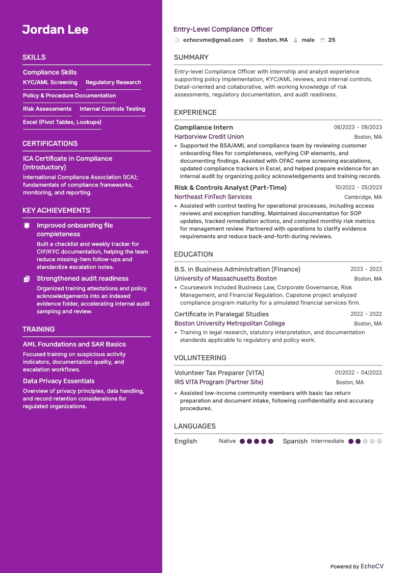 Entry-Level Compliance Officer example resume