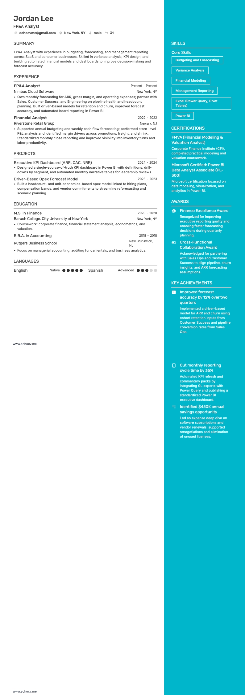 FP&A Analyst example resume