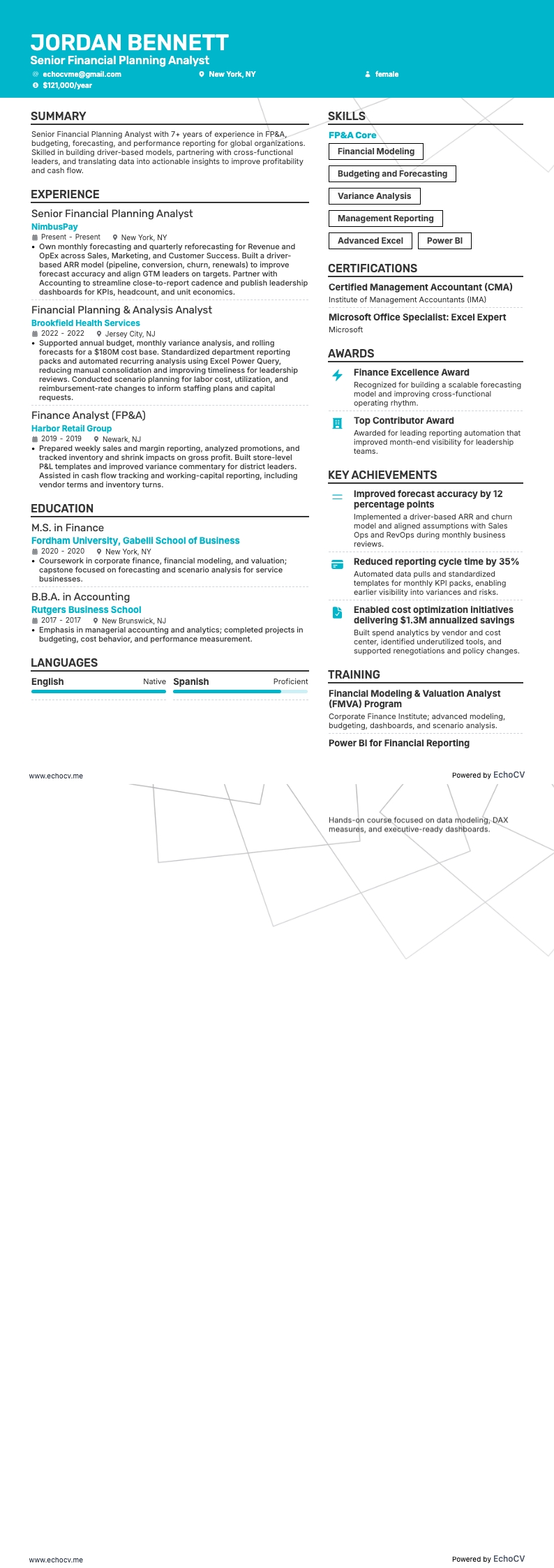 Senior Financial Planning Analyst example resume