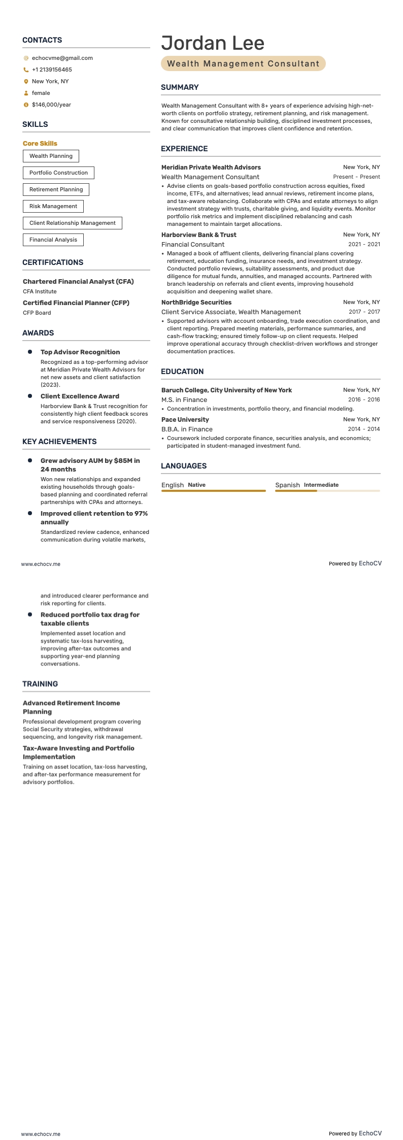 Wealth Management Consultant example resume