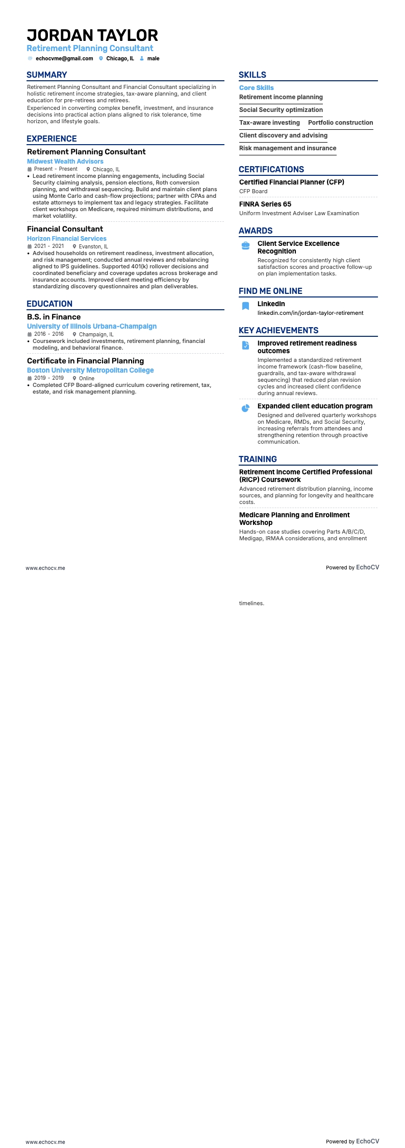 Retirement Planning Consultant example resume
