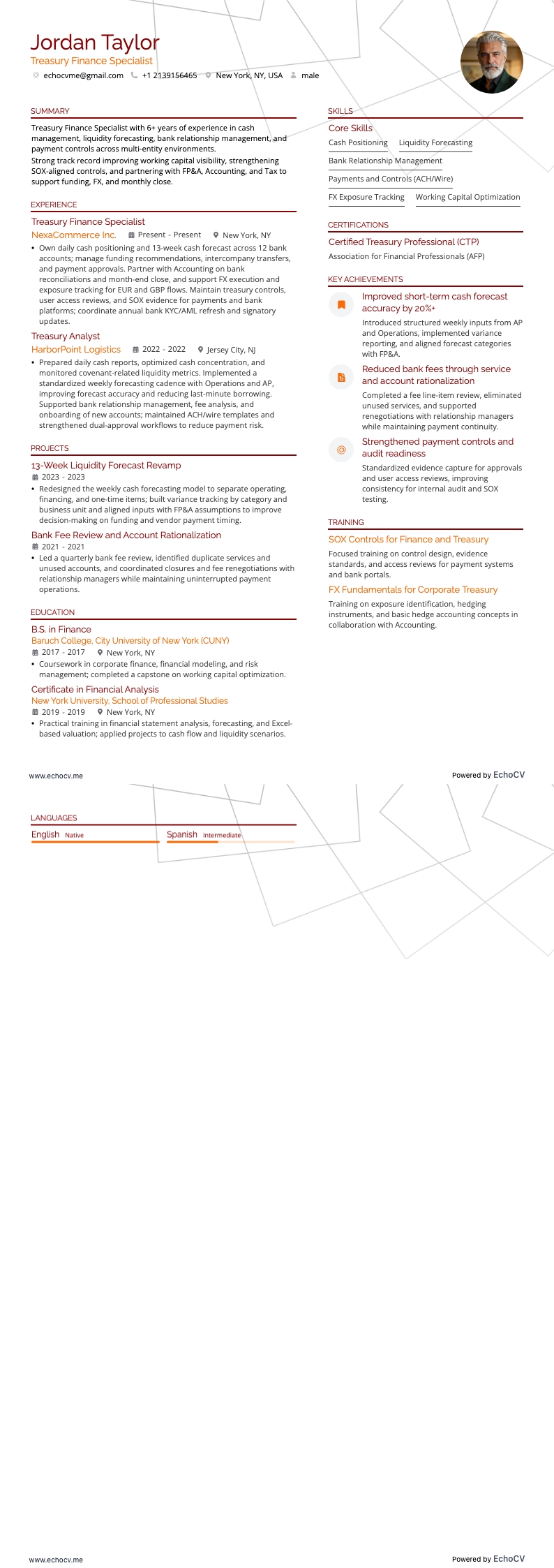 Treasury Finance Specialist example resume