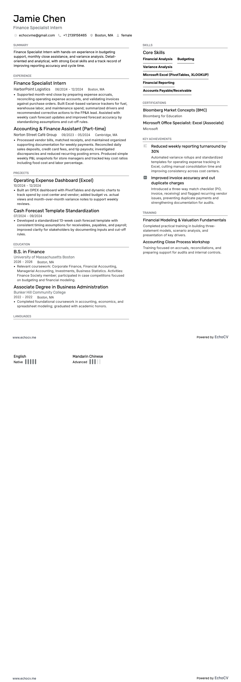 Finance Specialist Intern example resume