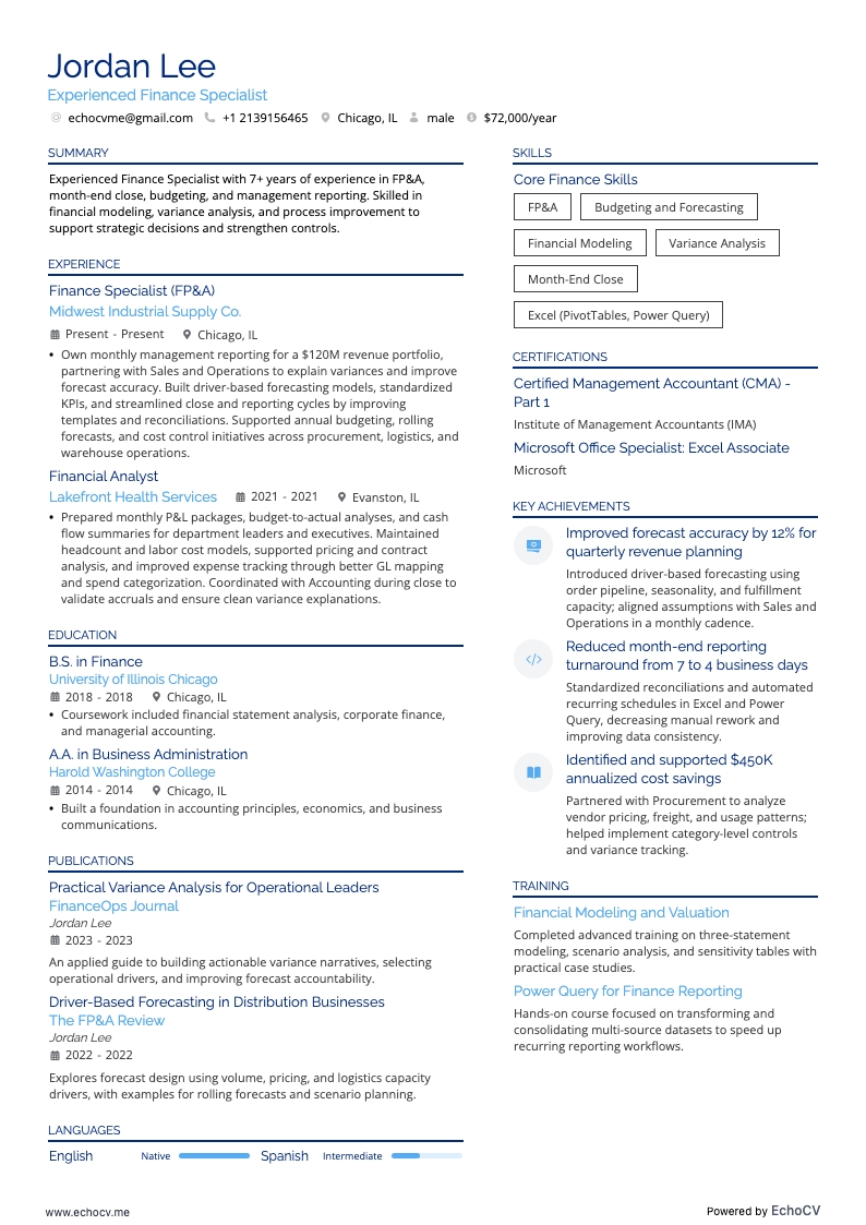 Experienced Finance Specialist example resume