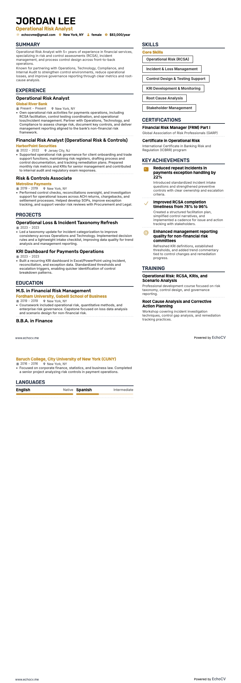 Analist operationeel risico example resume
