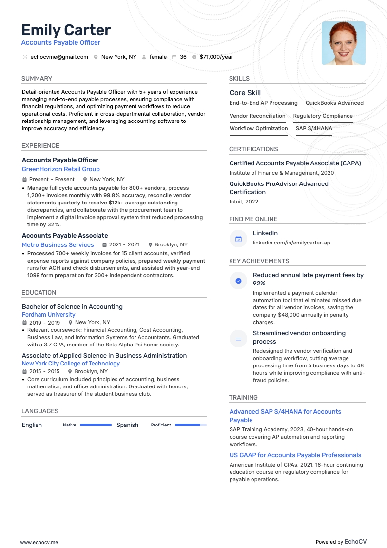 Analista de contas a pagar example resume