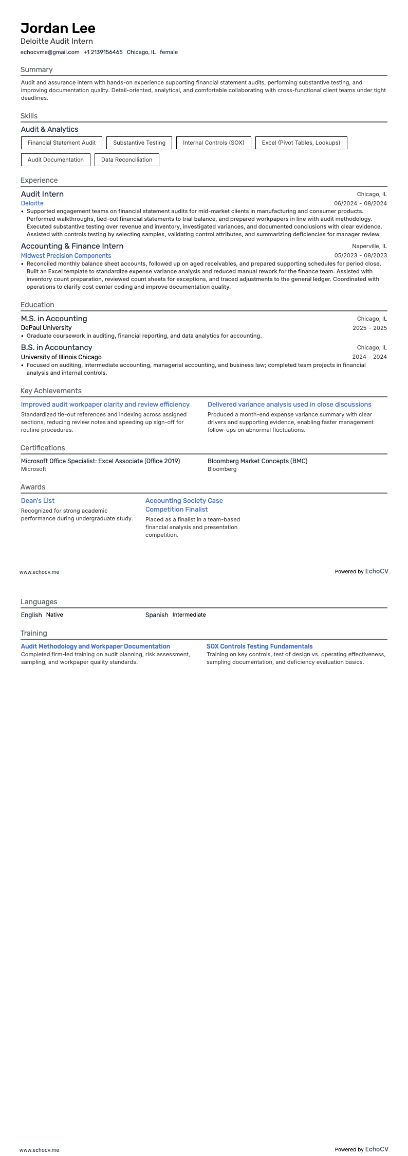 Deloitte Audit Intern example resume