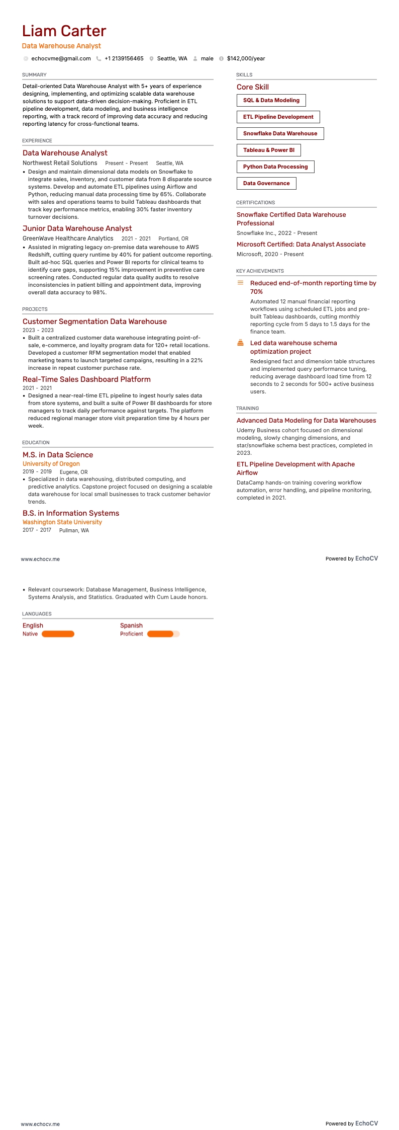 Datawarehouse-analist example resume