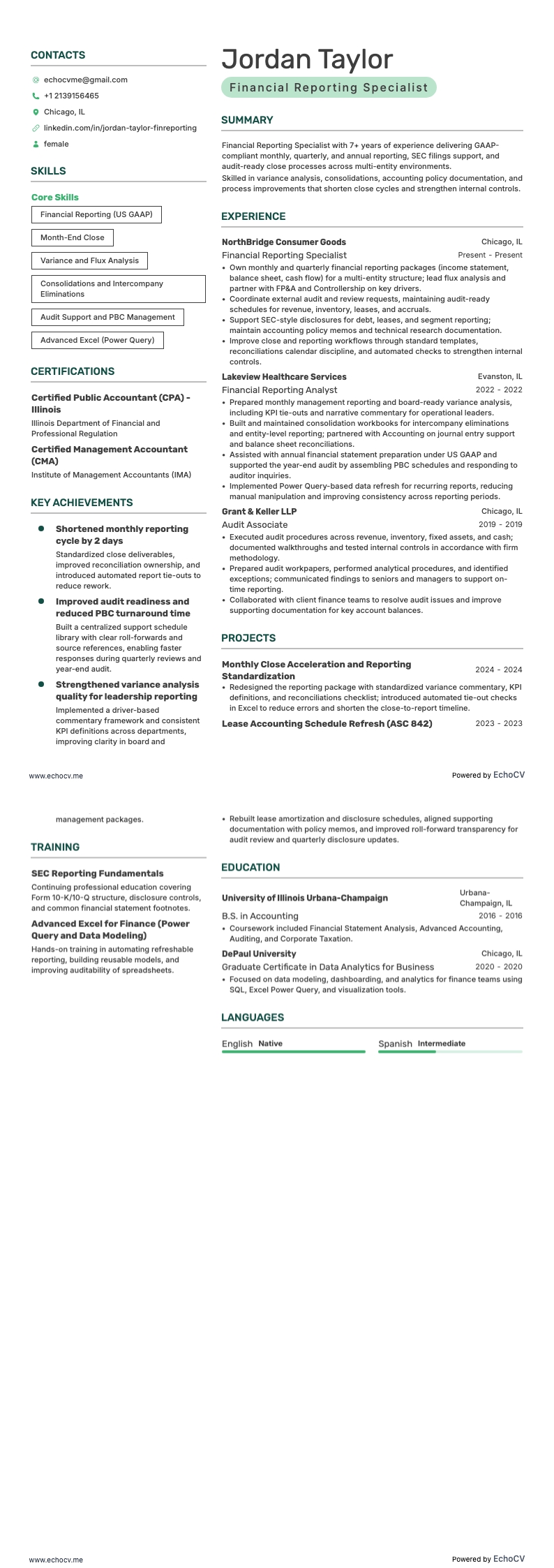 Financial Reporting Specialist example resume