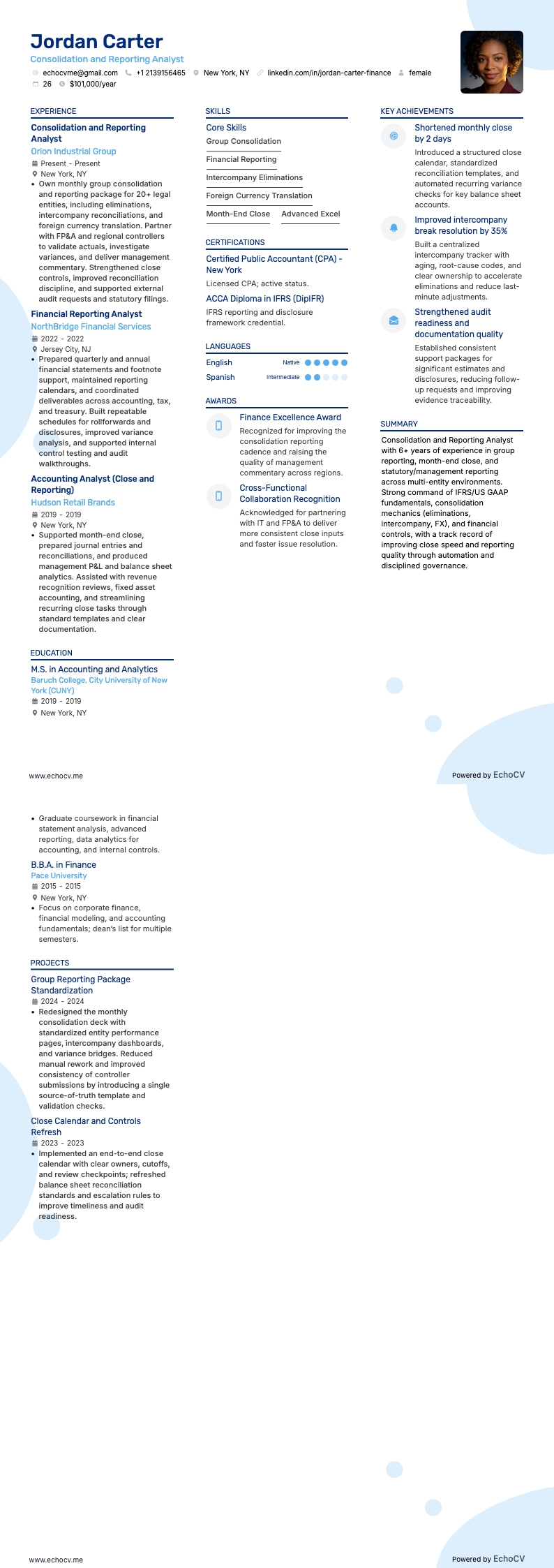 Consolidation and Reporting Analyst example resume