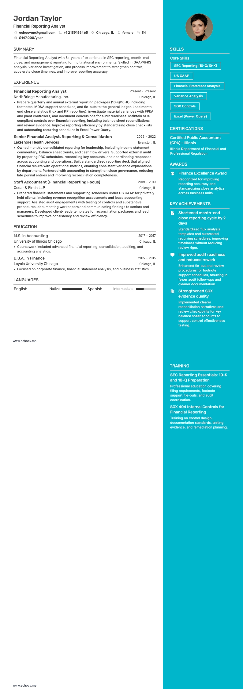 Financial Reporting Analyst example resume