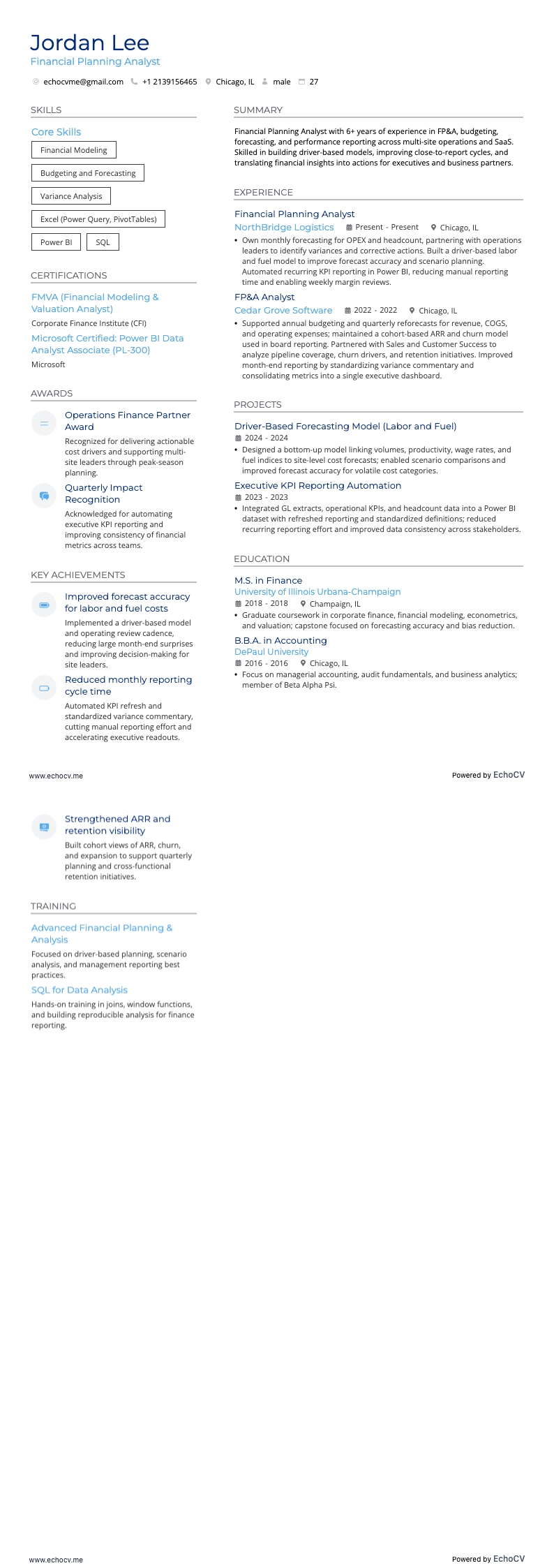 Chuyên viên phân tích kế hoạch tài chính example resume