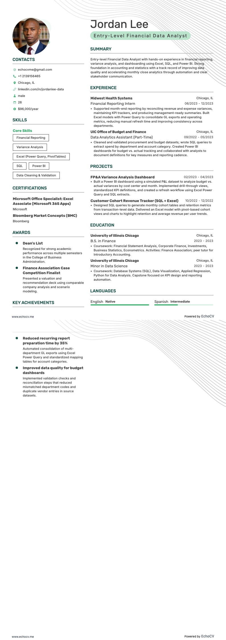 Chuyên viên phân tích dữ liệu tài chính mới vào nghề example resume