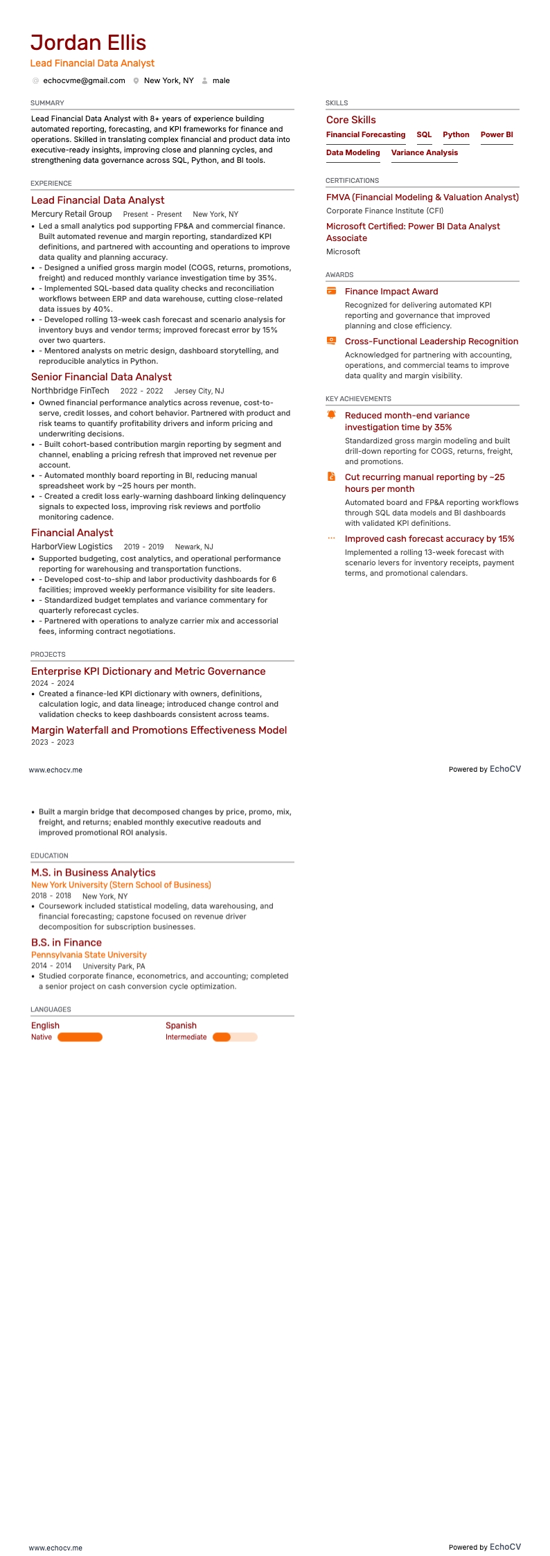 Chuyên viên phân tích dữ liệu tài chính cấp cao resume example