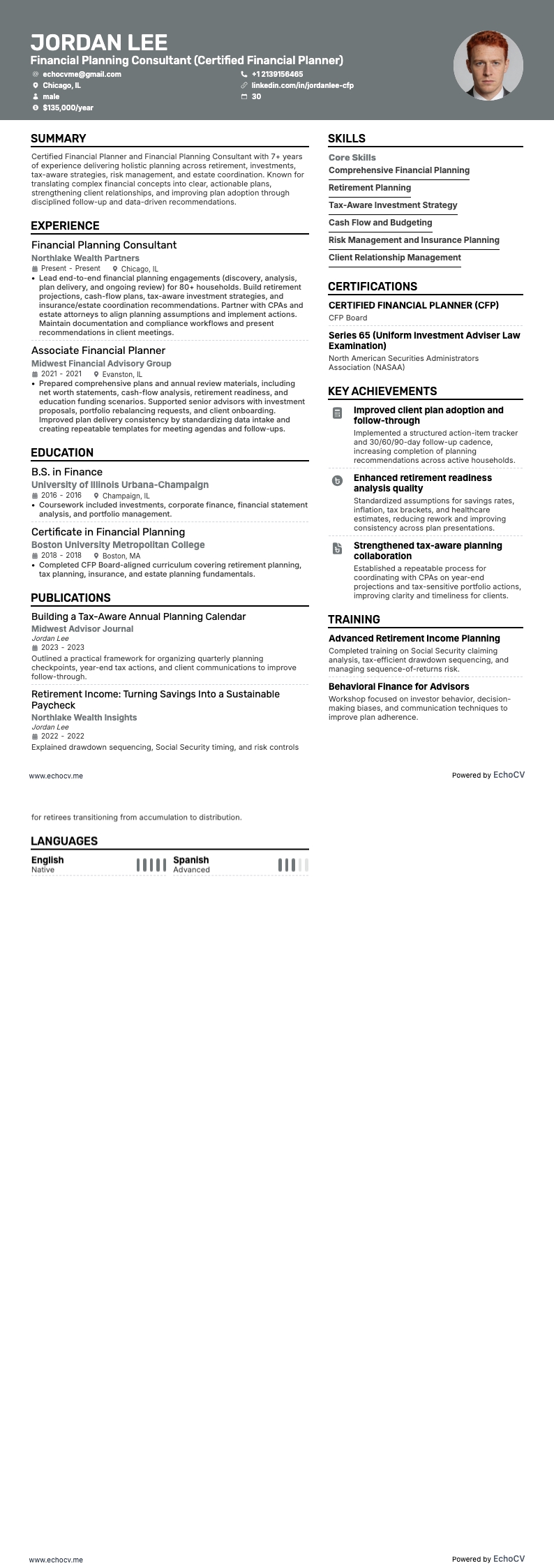 Financial Planning Consultant example resume