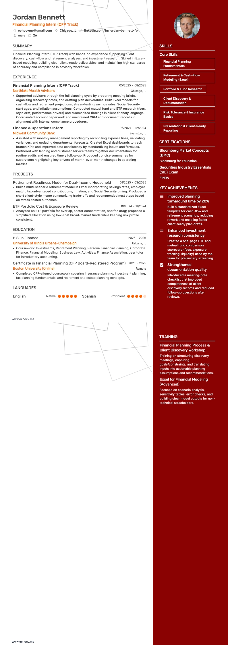 Financial Planning Intern (CFP Track) example resume