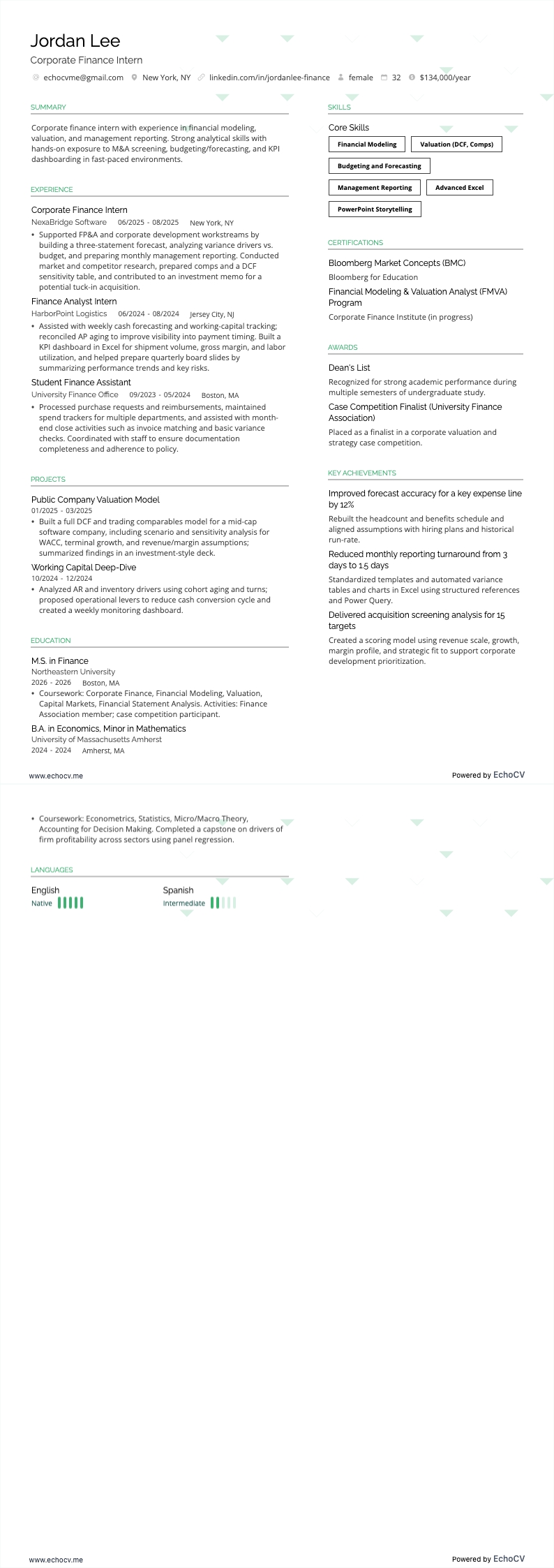 Corporate Finance Intern example resume
