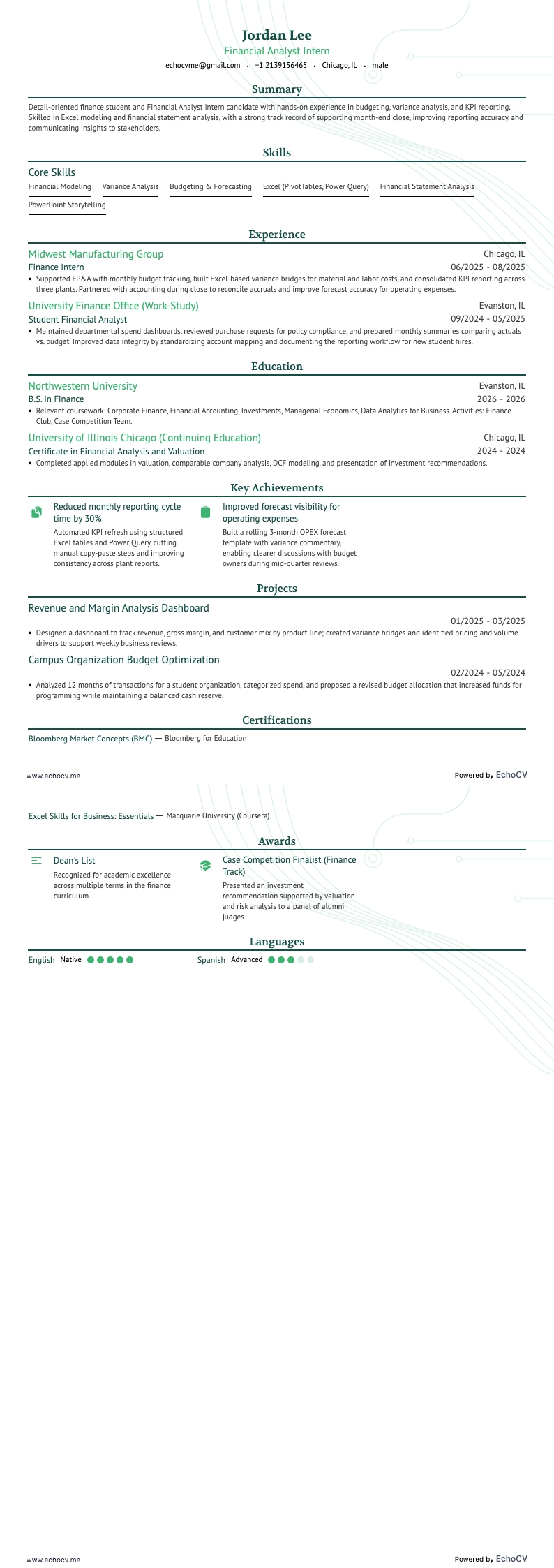Financial Analyst Intern example resume