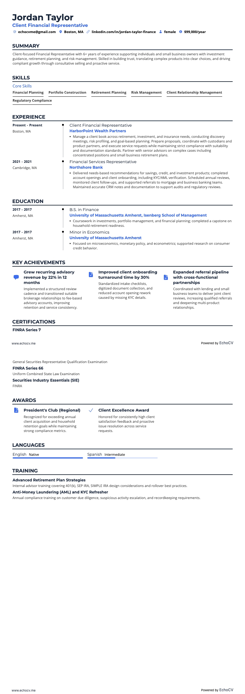 Client Financial Representative example resume