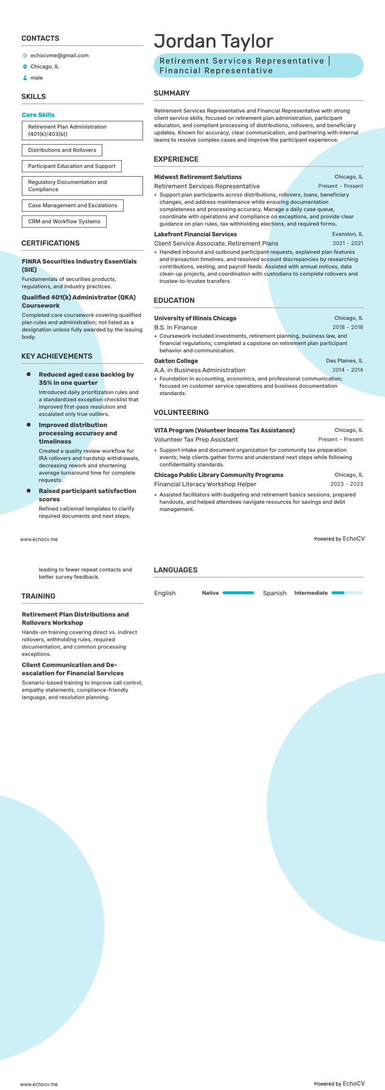 Retirement Services Representative example resume